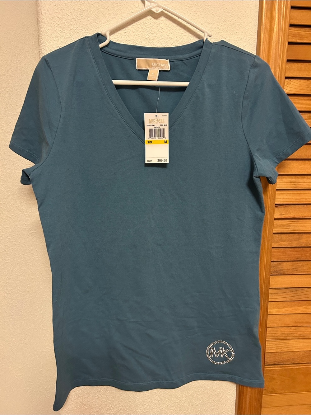 MICHAEL Michael Kors Teal V-Neck Short Sleeve Tee with Rhinestone Logo